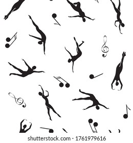 Vector Ballet Dancers and Music Notes in Black on White Seamless Repeat Pattern. Background for textiles, cards, manufacturing, wallpapers, print, gift wrap and scrapbooking.