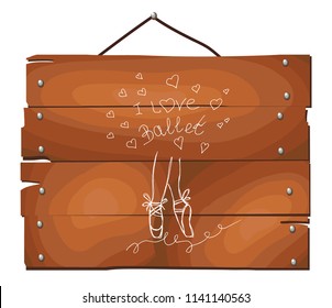 Vector ballet line icon pointe shoe isolated on wooden plank background. Sketch silhouette hand drawn pointes shoes. 