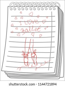 Vector ballet line icon pointe shoe isolated on notebook background. Sketch silhouette hand drawn pointes shoes. 