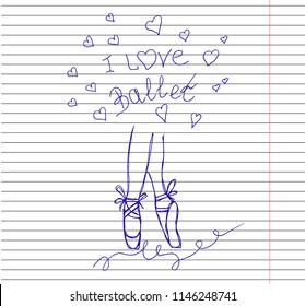 Vector ballet line icon pointe shoe isolated on copybook background. Sketch silhouette hand drawn pointes shoes. 