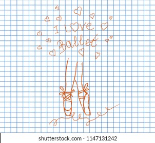 Vector ballet line icon pointe shoe isolated on copybook background. Sketch silhouette hand drawn pointes shoes. 