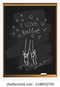 Vector ballet line icon pointe shoe isolated on blackboard background. Sketch silhouette hand drawn pointes shoes. 
