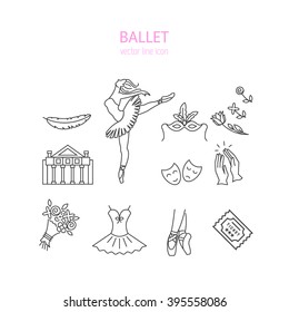 Vector Ballet line icon set with ballet shoes, ballet tutu, ballerina, theater, applause, bouquet, mask, ticket  isolated on white background.