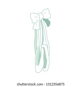 Vector ballet pointe shoes handing on elegant bow. Greeting or invitation card design element for ballet lovers. Ballerina dancer equipment for theater stage performance. Isolated illustration