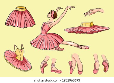 Ballet vectorial. Ballerina y zapatos de punta. Pies de Ballerina en zapatos de ballet. Vestidos de tuto y ballet. Armas.