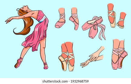 Vector ballet set. Ballerina and pointe shoes. Ballerina legs in ballet shoes. Arms.