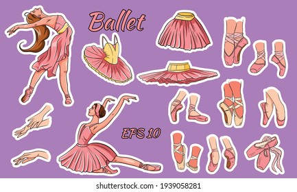 Ballet vectorial. Ballerina y zapatos de punta. Pies de Ballerina en zapatos de ballet. Vestidos de tuto y ballet. Armas.