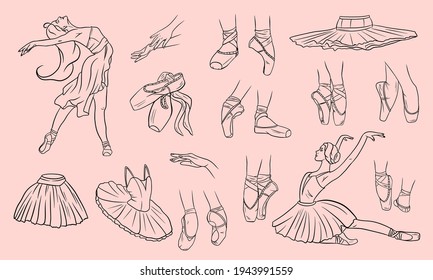 Vector ballet set. Ballerina and pointe shoes. Ballerina feet in ballet shoes. Tutus and ballet dresses. Arms.