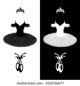 vector ballet set of tutu, pointe shoes and tiara in black and white