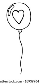 Vector ballon with heart sketch. Air ballon doodle illustration. Lovely holiday decor.