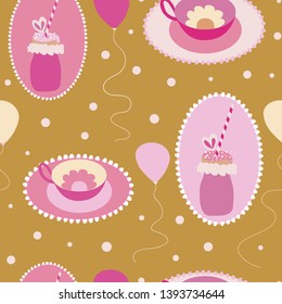 Vector of ballons, dots and teacups with flowers inside. Freakyshakes with cotten candy and doughnut on a gold background. Perfect for fabric, scrapbooking, party invitations, wallpaper projects.