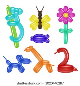 Vector balloon animals set with dog, giraffe, swan, monkey, fish, butterfly and flower. Toy balloon animals and flower for kids party birthday. Realistic illustration isolated on white background.