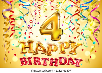 vector balloon Happy birthday four years. 4 Colorful festive illustration for celebratory party and decoration gold background art