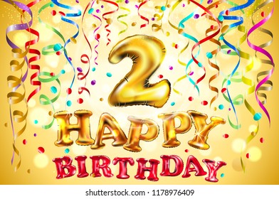 vector balloon Happy birthday two years. 2 Colorful festive illustration for celebratory party and decoration gold background art