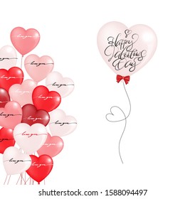 Vector Balloon Heart in white, pink and red on white background, Holiday illustration of flying bunch of red tone balloon in heart shape, Valentines Day invitation, greeting card