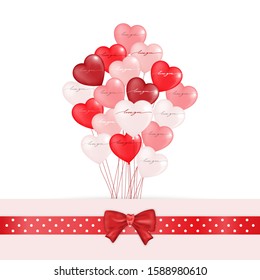 Vector Balloon Heart in white, pink and red on white background, Holiday illustration of flying bunch of red tone balloon in heart shape, wedding or Valentines Day invitation, greeting card