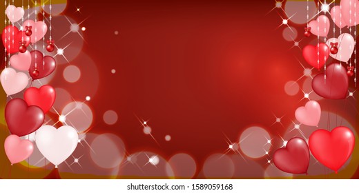 Vector Balloon Heart in white, pink and red on dark red background, Holiday illustration of flying bunch of pink tone balloon in heart shape, wedding or Valentines Day invitation, greeting card