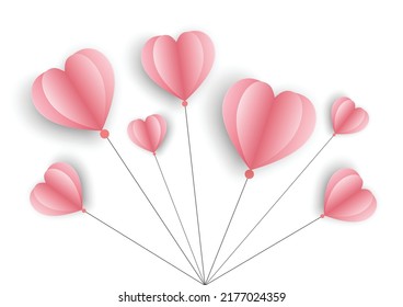 Vector Balloon Pink Paper Hearts Shape on White Background. Love Concept.