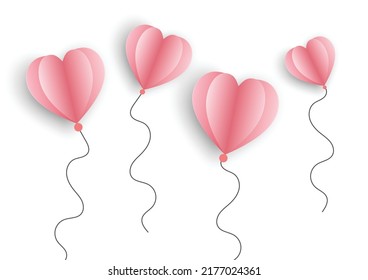 Vector Balloon Pink Paper Hearts Shape on White Background. Love Concept.