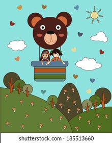 Vector of Balloon Teddy Bear with Two Girl in The Sky