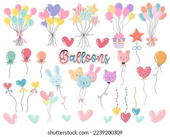 Colección de globos vectoriales diseñada en colores vibrantes. En un fondo blanco para decorar tarjetas, festivales, celebraciones, arte para los niños, tarjetas de cumpleaños, elementos para decoraciones, Sticker y más.