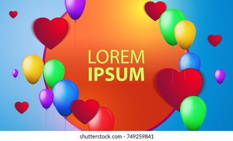 Vector balloons of different colors and hearts on a sky background and place for your inscription