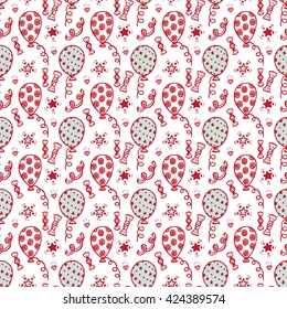 Vector Balloons. Festive attributes. Holiday seamless pattern. Celebratory seamless background.  Hand Drawn doodle Balloons, sweets, stars