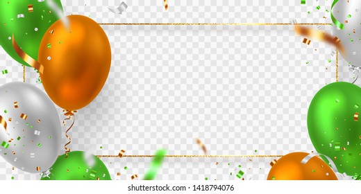 Vector balloons frame in traditional tricolor of Indian flag. Decorative realistic elements for national holidays of India. Isolated on transparent background.