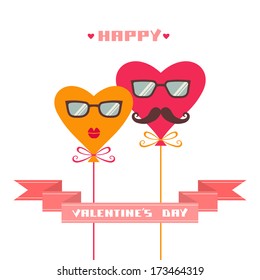 Vector balloons of heart with mustache and glasses. Valentine's day and wedding illustration