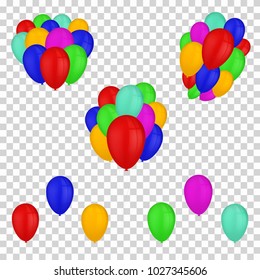 Vector balloons isolated on transparent background. Bunches of colorful air balloons for festive decoration