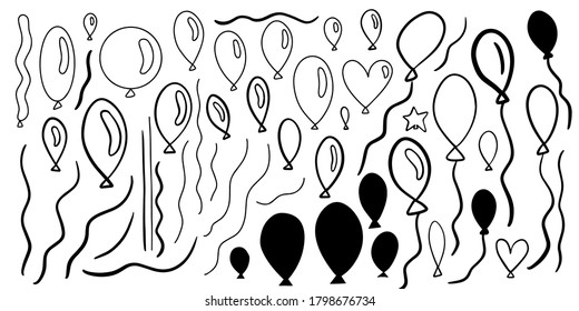 Vector balloons. Outline simple minimalistic hand-drawn Doodle style. Stock big set.