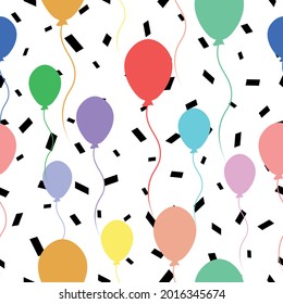 Vector balloons seamless pattern. Colorful flat balloons texture with confetti. Can be used for card, banner or poster background template. Gifts wrapping paper, wallpaper, for print or website 