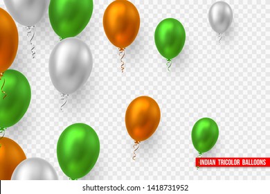 Vector balloons in traditional tricolor of Indian flag. Decorative realistic elements for national holidays of India. Isolated on transparent background.