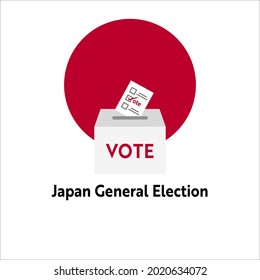 Vector of ballot box and ballot paper card putting in to it with red sun from Japan flag on the back. Japan general election and democracy concept.