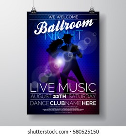 Vector Ballroom Night Party Flyer design with couple dancing tango on dark background. EPS 10 illustration
