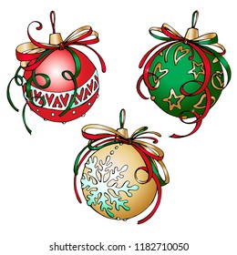 Vector balls for christmas tree. Red, green and golden , with snowflake , ornaments and bows. Design for winter holidays. 