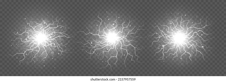 Vector balls of electricity, blast storm strike in sky or magic energy thunderbolt burst.