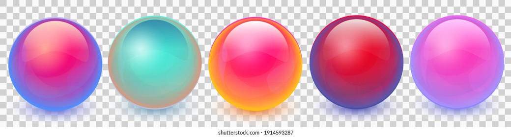 Colección de bolas coloridas con sombra. Esferas brillantes aisladas en un fondo transparente. Ilustración vectorial para su diseño