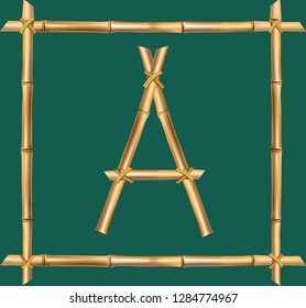 Vector bamboo alphabet. Capital letter A made of realistic brown dry bamboo poles inside of wooden stick frame isolated on green background. Abc concept for creating words, text, advertising, message.