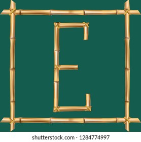 Vector bamboo alphabet. Capital letter E made of realistic brown dry bamboo poles inside of wooden stick frame isolated on green background. Abc concept for creating words, text, advertising, message.