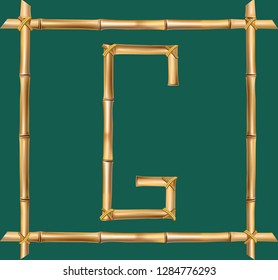 Vector bamboo alphabet. Capital letter G made of realistic brown dry bamboo poles inside of wooden stick frame isolated on green background. Abc concept for creating words, text, advertising, message.