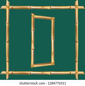 Vector bamboo alphabet. Capital letter D made of realistic brown dry bamboo poles inside of wooden stick frame isolated on green background. Abc concept for creating words, text, advertising, message.