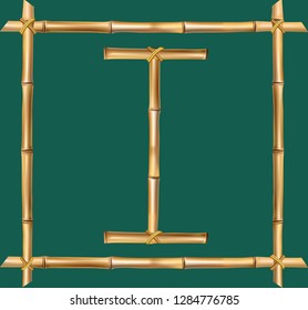 Vector bamboo alphabet. Capital letter I made of realistic brown dry bamboo poles inside of wooden stick frame isolated on green background. Abc concept for creating words, text, advertising, message.