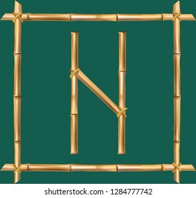 Vector bamboo alphabet. Capital letter N made of realistic brown dry bamboo poles inside of wooden stick frame isolated on green background. Abc concept for creating words, text, advertising, message.