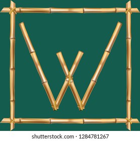 Vector bamboo alphabet. Capital letter W made of realistic brown dry bamboo poles inside of wooden stick frame isolated on green background. Abc concept for creating words, text, advertising, message.