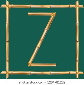 Vector bamboo alphabet. Capital letter Z made of realistic brown dry bamboo poles inside of wooden stick frame isolated on green background. Abc concept for creating words, text, advertising, message.