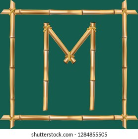 Vector bamboo alphabet. Capital letter M made of realistic brown dry bamboo poles inside of wooden stick frame isolated on green background. Abc concept for creating words, text, advertising, message.