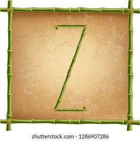 Vector bamboo alphabet. Capital letter Z made of realistic green bamboo sticks poles on old paper, papyrus, parchment or canvas background. Abc concept for creating words, text, advertising, message.