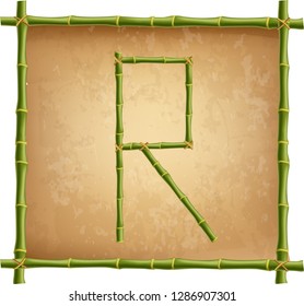 Vector bamboo alphabet. Capital letter R made of realistic green bamboo sticks poles on old paper, papyrus, parchment or canvas background. Abc concept for creating words, text, advertising, message.