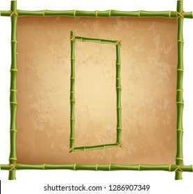 Vector bamboo alphabet. Capital letter D made of realistic green bamboo sticks poles on old paper, papyrus, parchment or canvas background. Abc concept for creating words, text, advertising, message.